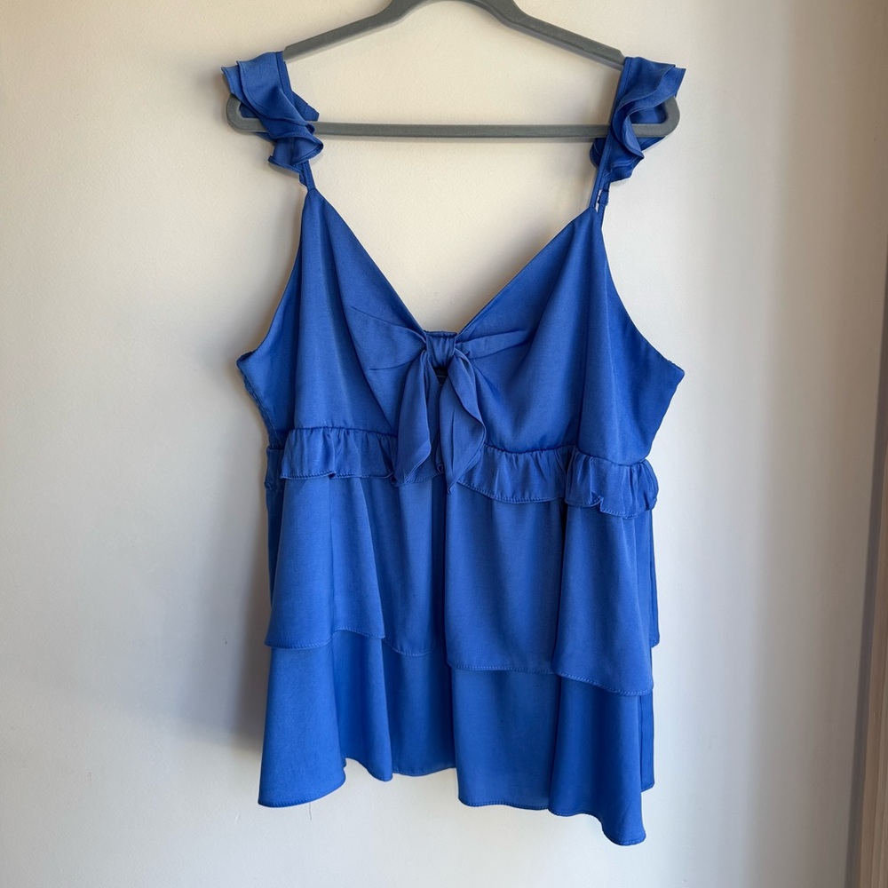 Blue Ruffled Satin Plus 3X Tank Top